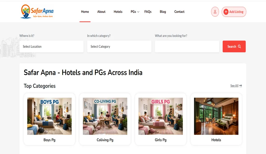 safar apna pg listing website in india